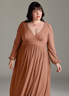 Azazie Norah Bridesmaid Dresses Bronzer A-Line V-Neck Long Sleeve Chiffon Dress image12