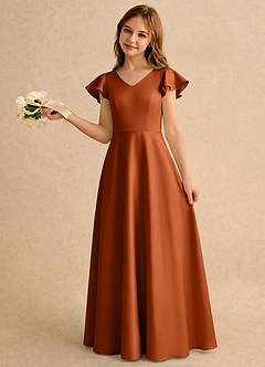 Azazie Nari Girls Formal Flower Girl Dresses Burnt Orange A-Line with Sleeves Matte Satin Dress image1