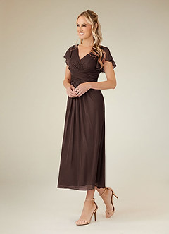 Azazie Vera Mother of the Bride Dresses Ganache A-Line V-Neck Pleated Mesh Dress image2