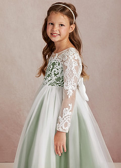 Azazie Elodie Abiti da Ragazza di Fiori Abito Principessa in Pizzo Avorio Oliva image6