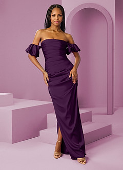 Barbie ♥ Azazie Robes de demoiselle d'honneur Robe Fourreau Convertible en Satin extensible Épaule décolletée Grain De Raisin image1