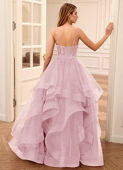 Zinnia Pink A-line Floral V-neck Tulle Tier Prom Dress image2
