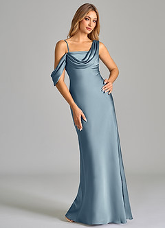 Azazie Celina Bridesmaid Dresses Dusty Blue Sheath Off the Shoulder Stretch Satin Dress image1