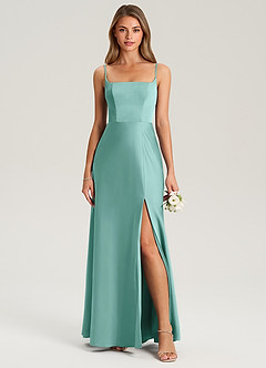 Azazie Lidia Vestidos de damas de honor Vestido de Aqua de Satén Elástico de Corte Sirena con Corte Lateral image4