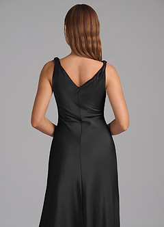 Azazie Nerine Bridesmaid Dresses Black A-Line Pleated Stretch Satin Dress image2