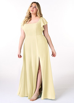 Azazie Bondi Vestidos de damas de honor Vestido de Sorbete De Limón de Gasa de Corte en A con Volantes image9