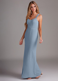 Azazie Denice Jurken voor bruidsmeisjes Jurk van Chiffon met Kolom Geplooid Stoffig Blauw image3