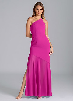 Azazie Tilla Vestidos de damas de honor Vestido de Fucsia de Gasa de Corte Sirena con Hombro unilateral image3
