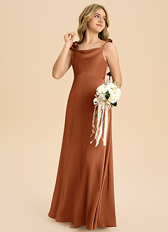 Azazie Gumdrop Junior 엠파이어 주름진 스트레치 새틴 플로어 길이 주니어 신부 들러리 드레스 image4