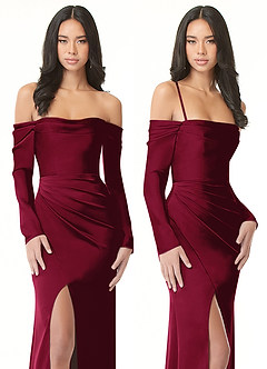 Azazie Hallie Bridesmaid Dresses Burgundy Sheath Off-The-Shoulder Long Sleeve Stretch Satin Convertible Dress image9