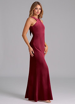 Azazie Doretta At-home Try On Dresses Burgundy Mermaid Pleated Velvet Dress image5