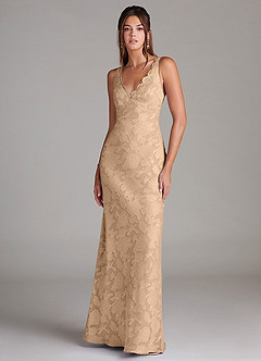 Azazie Tianna Bridesmaid Dresses Champagne Sheath Lace Floral Burnout Dress image1