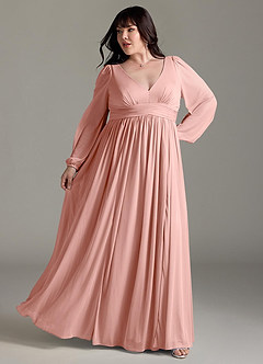 Azazie Norah Robes de demoiselle d'honneur Robe Trapèze en Mousseline de soie Col en V, manches longues Rosette image8