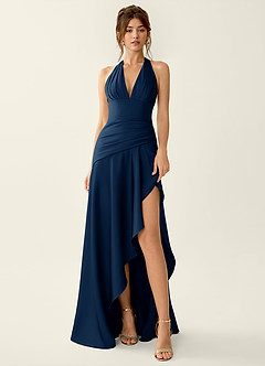 Titania Navy Satin V-neck Ruffled Prom Dress image3