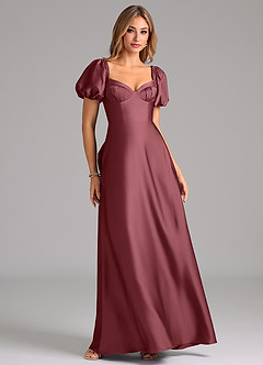 Azazie Fatima Robes de demoiselle d'honneur Robe Trapèze en Satin extensible Plissée Rose Du Désert image1