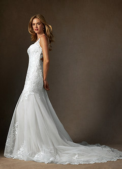 Azazie Diva Wedding Dresses Diamond White Mermaid V-Neck Sequins Tulle Dress image5