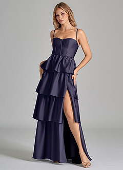 Azazie Faye Robes de demoiselle d'honneur Robe Trapèze en Satin extensible Rayé Bleu Orageux image8