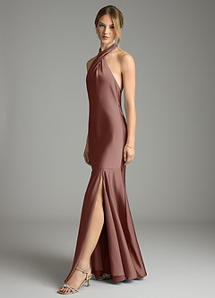 Azazie Lorena Vestidos de damas de honor Vestido de Expresado de Satén Elástico de Corte Sirena con Plisado image4