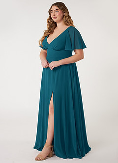 Azazie Kimber Bridesmaid Dresses Ink Blue A-Line Flounce Sleeve Chiffon Dress image7