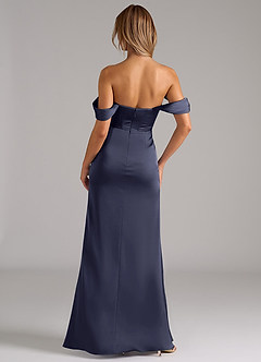 Azazie Johana Robes de demoiselle d'honneur Robe Sirène Convertible en Satin extensible Épaules dénudées Bleu Orageux image3