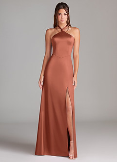 Azazie Elliana Jurken voor bruidsmeisjes Jurk van Stretch Satijn met Kolom Zijsplit Klei image5