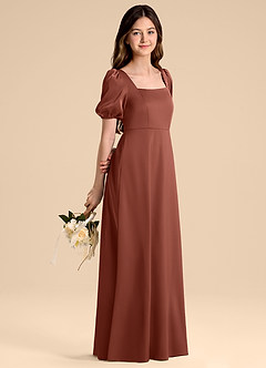 Azazie Briar Junior Vestido de Castaño de Satén Elástico de Corte en A con Lazo image6