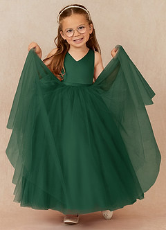 Azazie Marybell Flower Girl Dresses Dark Green A-Line Bow Tulle Dress image3