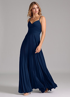 Azazie Vini Bridesmaid Dresses Dark Navy A-Line Pleated Stretch Satin Dress image5