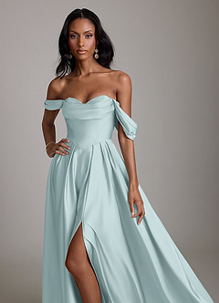 Azazie Loisa Abiti da Damigella Abito A-Line in Raso Elasticizzato a Spalla Scoperta Nebbia image9