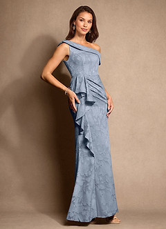Azazie Hamptons Mother of the Bride Dresses Dusty Blue A-Line Pleated Floral Burnout Dress image4