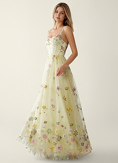 Irisqun Yellow 3D Flowers Sequin Embroidery Beading Tulle Prom Dress image4