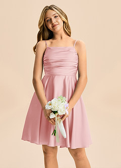 Azazie Miko Junior Powder Pink A-Line Pleated Stretch Satin Dress image6