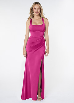 Azazie Mero Jurken voor bruidsmeisjes Jurk van Stretch Satijn met Kolom Geplooid Fuchsia image1
