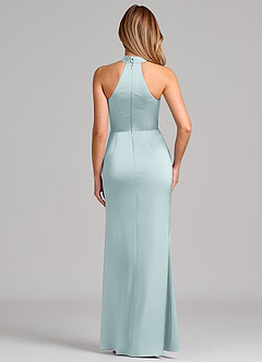 Azazie Karlotta Bridesmaid Dresses Mist Sheath Pleated Stretch Satin Dress image2
