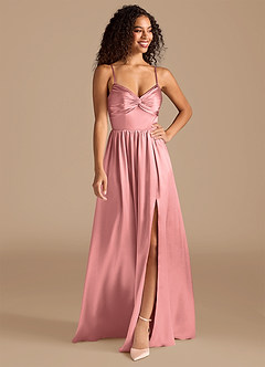 Azazie Zeya Bridesmaid Dresses Rosette A-Line Pleated Metallic Satin Dress image1