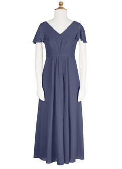 Azazie Peony Junior Robe Trapèze en Mousseline de soie Plissée Bleu Orageux image6