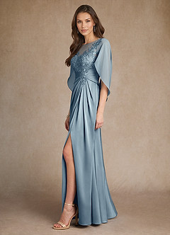 Azazie Hera Mother of the Bride Dresses Dusty Blue A-Line Lace Stretch Satin Dress image2