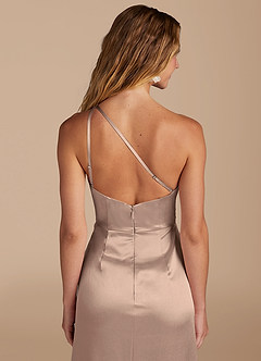 Azazie Mika Bridesmaid Dresses Taupe Sheath One Shoulder Metallic Satin Dress image2