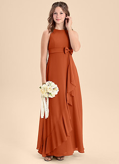 Azazie Lilenne Junior Vestido de Naranja Quemada de Gasa de Corte En A con Lazo image3
