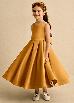 Azazie Babs Flower Girl Dresses Butterscotch Ball-Gown Pleated Matte Satin Dress image5