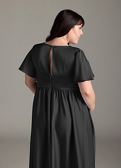 Azazie Verna At-home Try On Dresses A-Line Ruched Stretch Satin Floor-Length Dress image10
