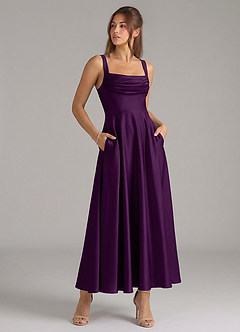 Azazie Shaude Bridesmaid Dresses Grape A-Line Pleated Stretch Satin Dress image3