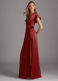 Azazie Nico Bridesmaid Dresses Pomegranate A-Line V-Neck Stretch Satin Dress image2