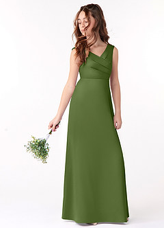 Azazie Sadia Junior Vestido Zimbro de Cetim elástico de Linha A com Plissado image1