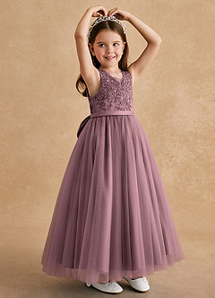 Azazie Cinna vestidos de niña de las flores Vestido de Malva Vintage de Tul de Corte En A con Encaje image3