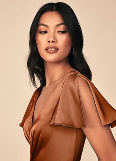 Azazie Soren Bridesmaid Dresses Copper A-Line Pleated Stretch Satin Dress image6
