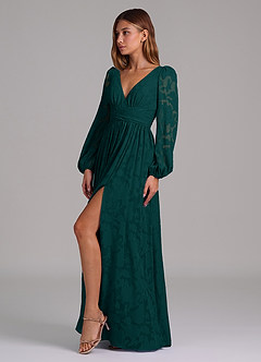 Azazie Norah Jurken voor bruidsmeisjes Jurk van Bloemen Burn-out met A-Lijn Lange mouw Pijnboom image3