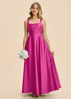Azazie Azaria Junior Fuchsia A-Line Pleated Stretch Satin Dress image1