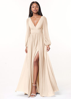 Azazie Norah Brautjungfernkleider A-Linie Lange Ärmel mit V-Ausschnitt Chiffon Kleid Alabaster Weiß image1