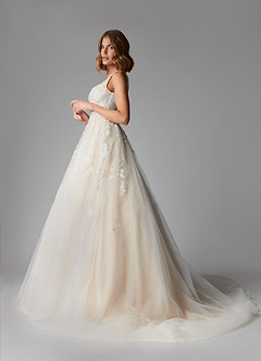 Azazie Sorella At-home Try On Dresses Diamond White Champagne A-Line V-Neck Sequins Tulle Dress image5